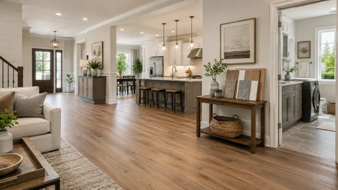 Interior remodeling project with hardwood flooring, kitchen, and open living space